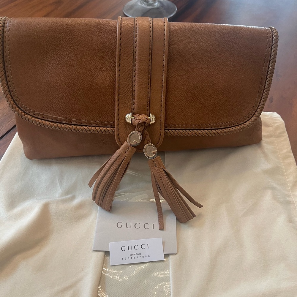Authentic Gucci Marrakech Camel pebbled leather tasseled large clutch